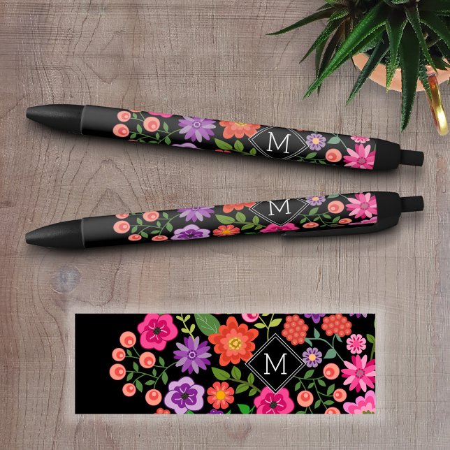 Caneta Preta Padrão Floral Preto Trendy com Monograma Personali (Personalized Writing Pens - add your name, monogram or other text)