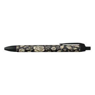 Caneta Preta Padrão Floral Rosa Dourada Vintage em Preto