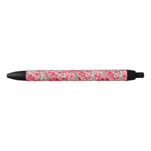 Caneta Preta Padrão Floral Rosa Vermelha Vintage