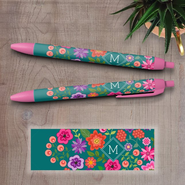 Caneta Preta Padrão Floral Teal Trendy com Monograma Personaliz (Personalized Writing Pens - add your name, monogram or other text)