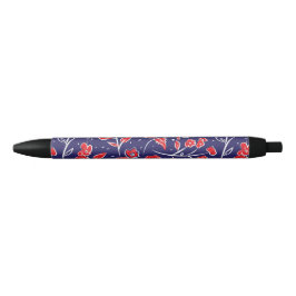 Caneta Preta Padrão Floral Vermelho e Azul