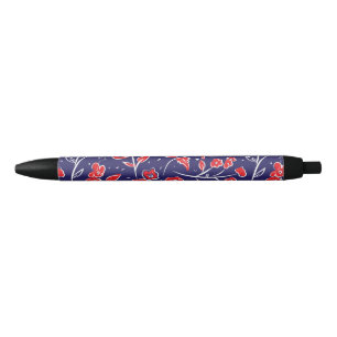 Caneta Preta Padrão Floral Vermelho e Azul