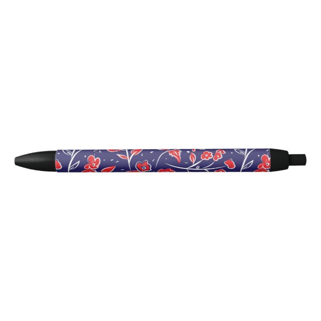 Caneta Preta Padrão Floral Vermelho e Azul (Frente)