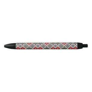 Caneta Preta Padrão Geométrico Folk Preto Vermelho