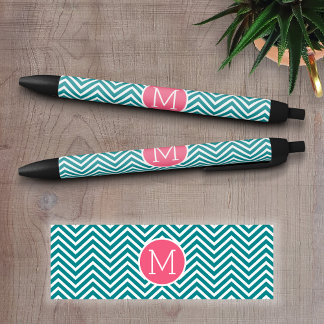 Caneta Preta Padrão Girly Chevron com Monograma - Teal Rosa