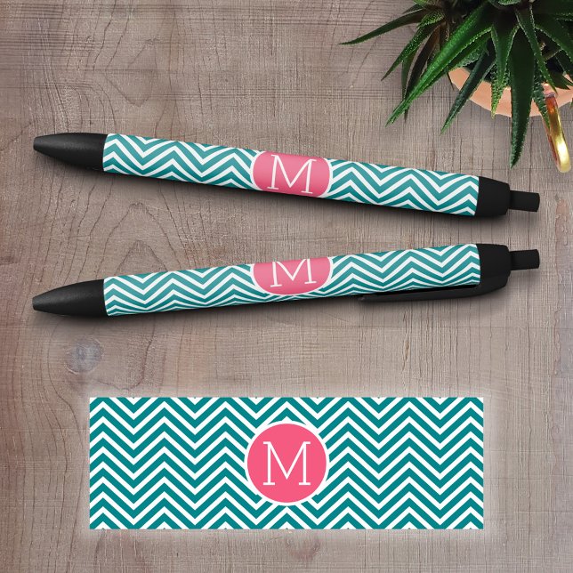 Caneta Preta Padrão Girly Chevron com Monograma - Teal Rosa (Personalized writing pens - Add your text and choose a background color)