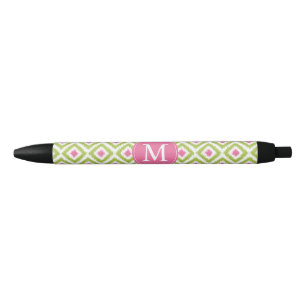 Caneta Preta Padrão Ikat de Diamantes Verdes e Rosa Monogramad