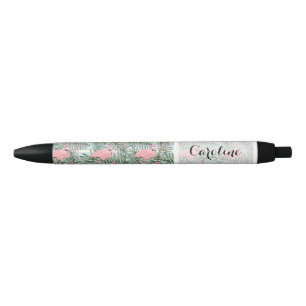 Caneta Preta Padrão Personalizado Fofo de Flamingos Rosa e Folh