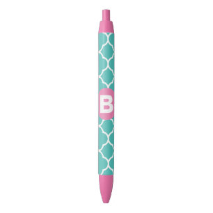 Caneta Preta Padrão Quatrefoil Verde-Azul com Monograma Rosa Pe