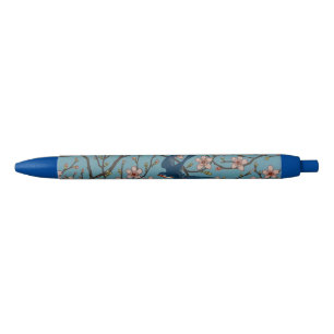 Caneta Preta Padrão Retrô de Andorinha Floral Azul por Walter C