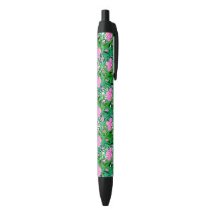Caneta Preta Padrão Tropical com Flores Selvagens