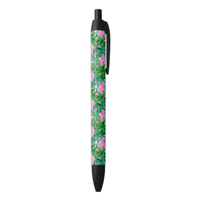 Caneta Preta Padrão Tropical com Flores Selvagens (parte de inferior (Vertical))