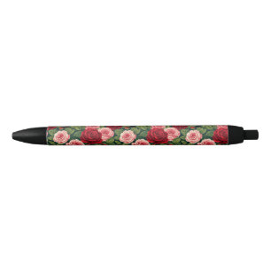 Caneta Preta Padrão Vibrante de Rosa com Rosas Vermelhas e Rosa