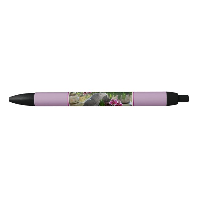 Caneta Preta Papagaio do cinza africano com orquídeas (Frente)