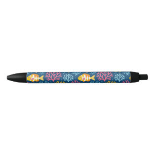 Caneta Preta Peixes e coral azul náutico