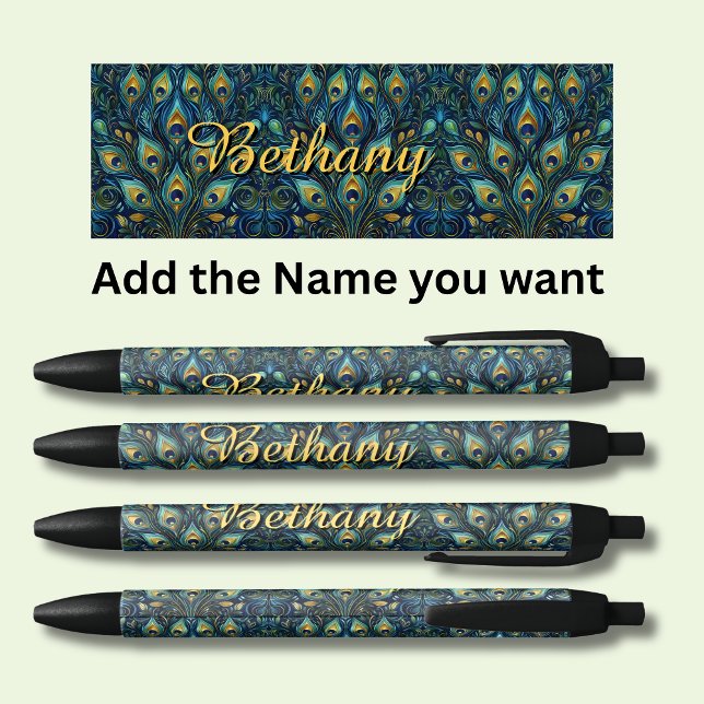 Caneta Preta Penas de Peacock de Nome Personalizado (Criador carregado)