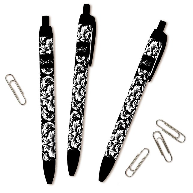 Caneta Preta Perturbação Elegante Branca Preta (Cute personalized black and white damask pattern pens go great with the matching journal.)