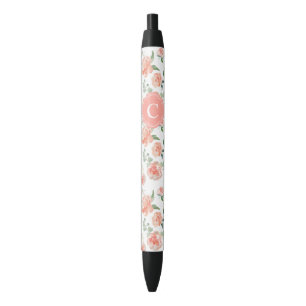 Caneta Preta Pêssego feminino Padrão Floral com o Seu Monograma