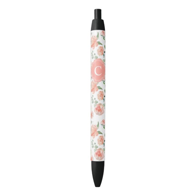 Caneta Preta Pêssego feminino Padrão Floral com o Seu Monograma (Frente Vertical)