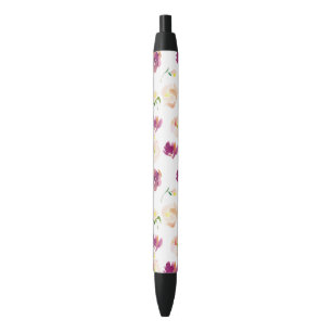 Caneta Preta Pêssego Rosa Borgonha Aquarela Floral