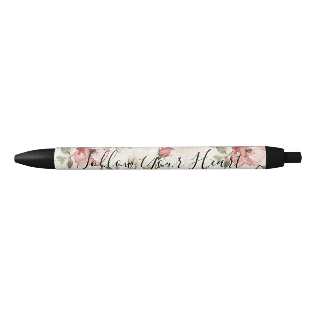 Caneta Preta Pink Roses Floral  (Frente)