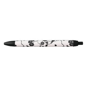Caneta Preta Preto em Pássaros Padrões Rosa e Flores de Cereja