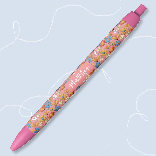 Caneta Preta Pretty Floral Pattern Pen with Name (Closeup view
)