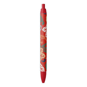 Caneta Preta Quimono Japonês Floral Havaiano Vermelho Chinesice