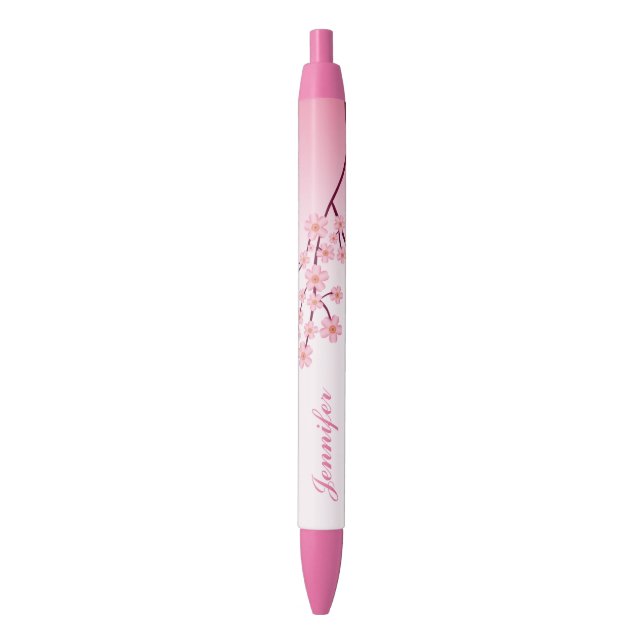 Caneta Preta Ramificação Sakura Rosa Com Nome Personalizado (Frente Vertical)