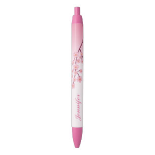 Caneta Preta Ramo de Sakura Rosa com Nome Personalizado