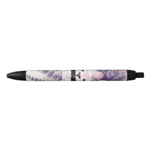 Caneta Preta Renda monograma floral rosa roxo lavanda