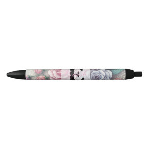 Caneta Preta Rendas com monograma florais rosas azuis roxas