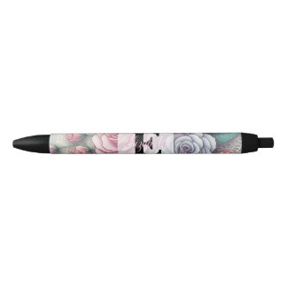 Caneta Preta Rendas com monograma florais rosas azuis roxas