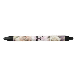 Caneta Preta Rendas com monograma florais rosas roxas lírios la