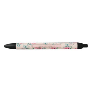 Caneta Preta Rosa  Chic Watercolor Floral Personalizado