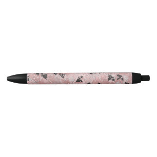 Caneta Preta Rosa Corada em Ouro e Padrão de Triângulos Pretos