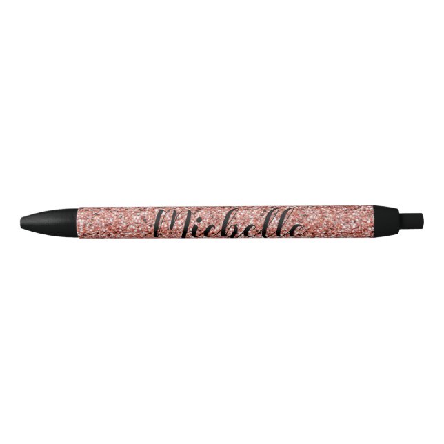 Caneta Preta Rosa Dourado Glitter Sparkle Modern Personalizado (Frente)