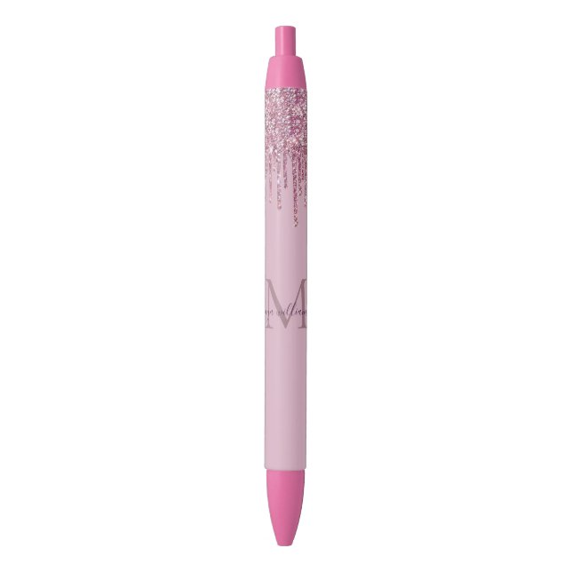 Caneta Preta Rosa Glitter Drives Monograma Personalizado E Nome (Frente Vertical)