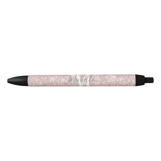 Caneta Preta Rosa Menina Dourado Rosa Mônograma Glam Brilho (Frente)