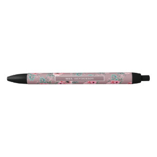 Caneta Preta Rosa Terrestre Chic Watercolor Floral Personaliza