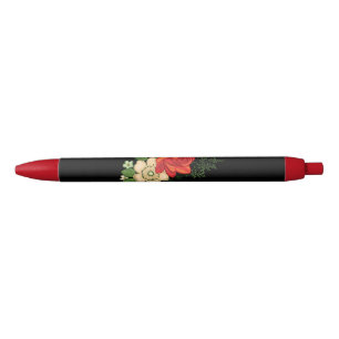 Caneta Preta Rosa Vermelha e Margaridas Fundo Preto