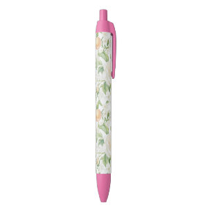 Caneta Preta Rosas Brancas Românticas Florais Pêssegos