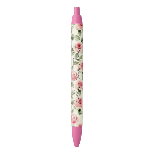 Caneta Preta Rosas Cor-de-Rosa Bonitas   (Frente Vertical)