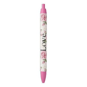 Caneta Preta Rosas Cor-de-Rosa Lindas