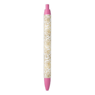 Caneta Preta Rosas Dourados com rosa