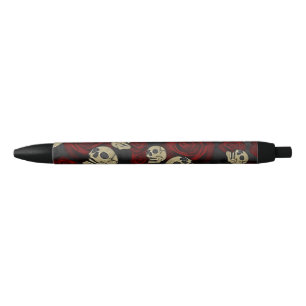Caneta Preta Rosas Vermelhas & Caveiras Cinza Preto Floral Góti