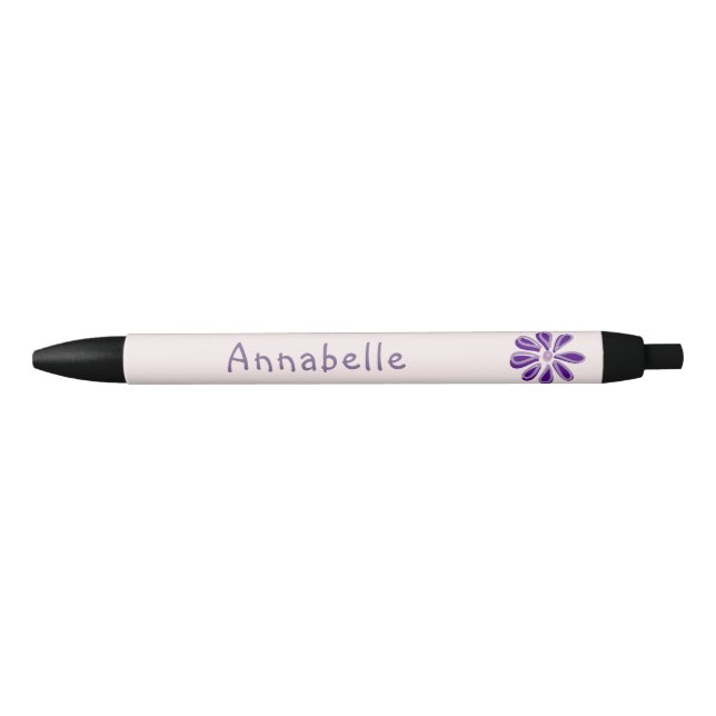 Caneta Preta Roxo Floral Doodle Seu Nome (Frente)