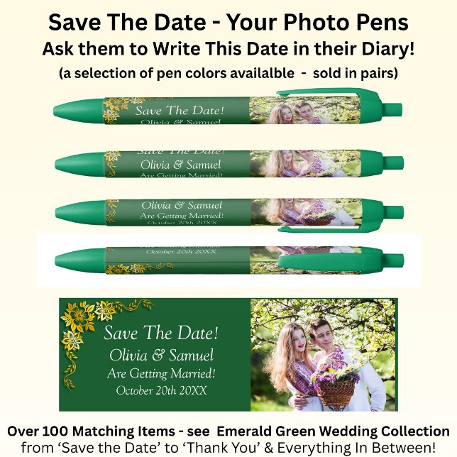 Caneta Preta Save The Date - Photo + Emerald Green & Gold (Criador carregado)