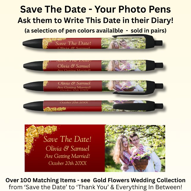 Caneta Preta Save The Date - Photo + Gold Flowers Maroon Red (Criador carregado)