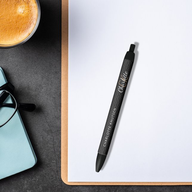 Caneta Preta Script de nome do monograma personalizado de couro (Criador carregado)